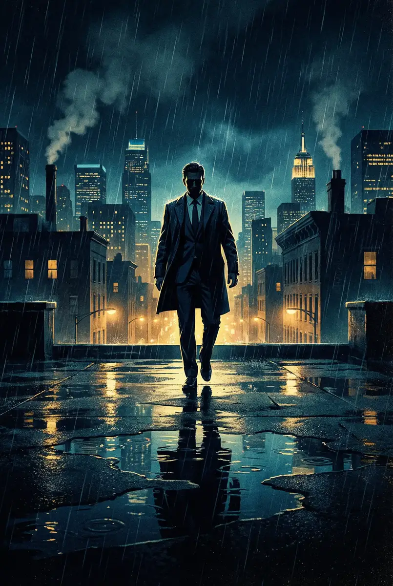 影音先锋你懂的 出品影片《雨夜独行者》海报，雨中城市屋顶男性剪影